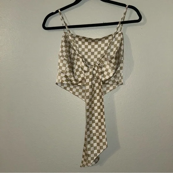 Silk Cathy Square Neck Checker Print Sleeveless Tie Detail Scarf Top - Picture 2 of 3